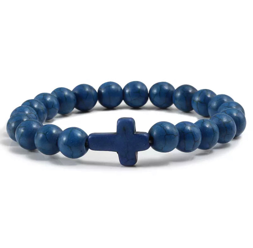 Blue Matte Cross Beaded Bracelet