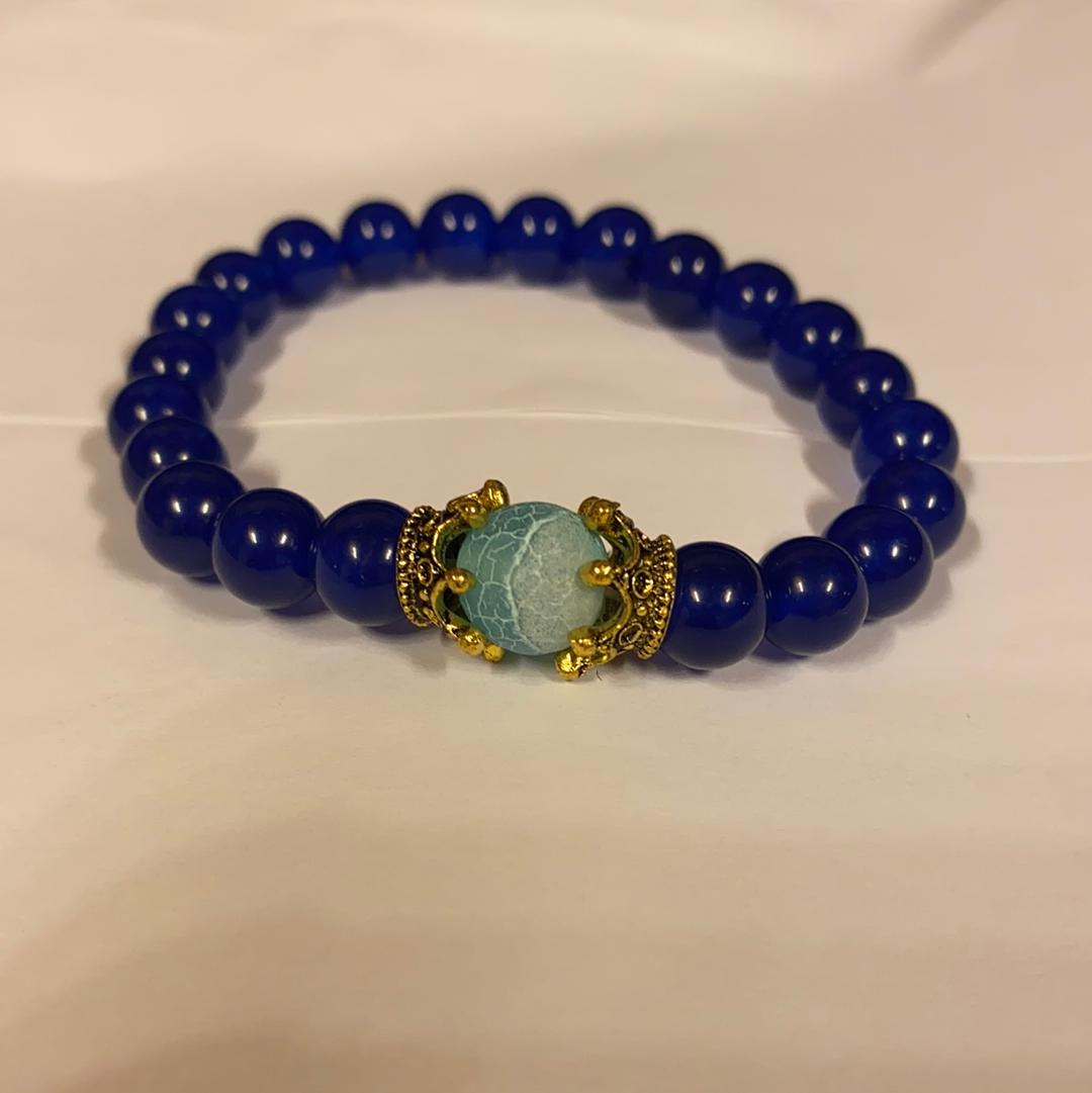 Blue Marble Beaded Crown King Bracelet